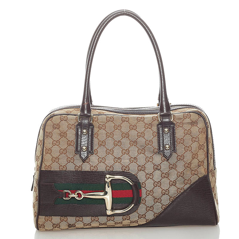 グッチ GGキャンバス シェリーライン ホースビット トートバッグ 141503 ベージュ ブラウン キャンバス レザー レディース GUCCI 【中古】