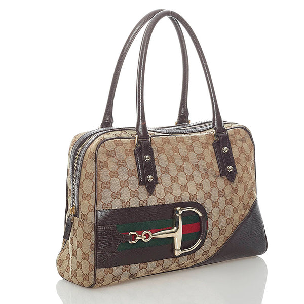 グッチ GGキャンバス シェリーライン ホースビット トートバッグ 141503 ベージュ ブラウン キャンバス レザー レディース GUCCI 【中古】