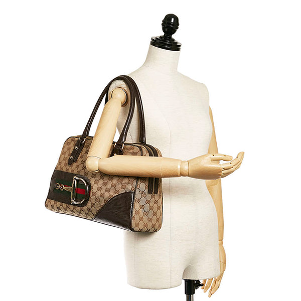 グッチ GGキャンバス シェリーライン ホースビット トートバッグ 141503 ベージュ ブラウン キャンバス レザー レディース GUCCI 【中古】