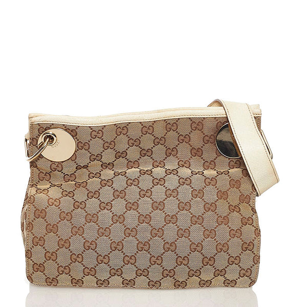 グッチ GGキャンバス ショルダーバッグ 120841 ベージュ ホワイト キャンバス レザー レディース GUCCI 【中古】