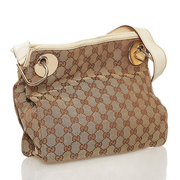グッチ GGキャンバス ショルダーバッグ 120841 ベージュ ホワイト キャンバス レザー レディース GUCCI 【中古】