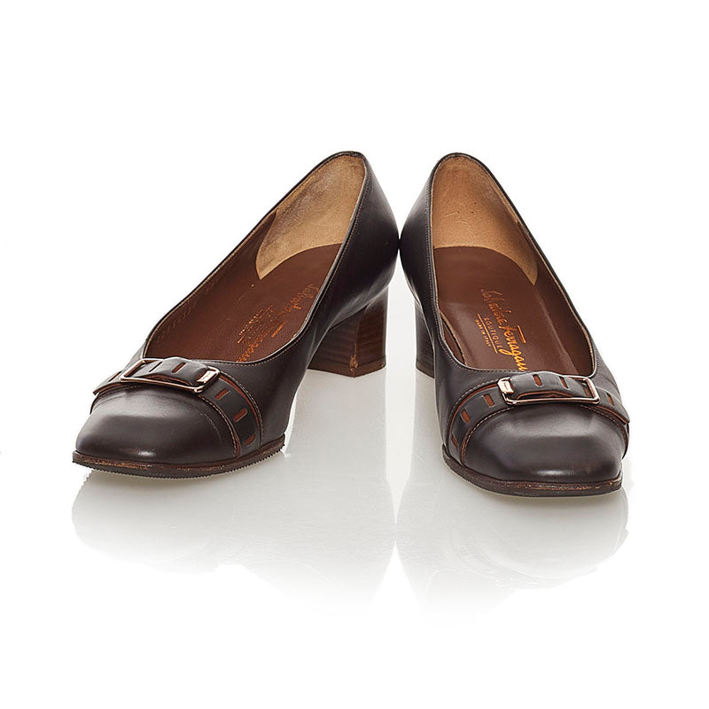 サルヴァトーレフェラガモ スクエアトゥ パンプス ブラウン レザー レディース Salvatore Ferragamo 【中古】