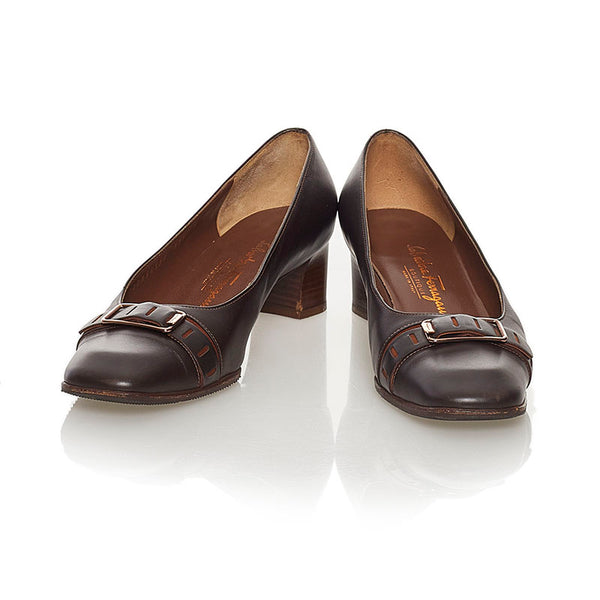 サルヴァトーレフェラガモ スクエアトゥ パンプス ブラウン レザー レディース Salvatore Ferragamo 【中古】