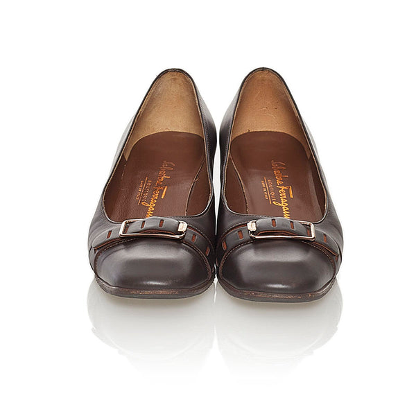 サルヴァトーレフェラガモ スクエアトゥ パンプス ブラウン レザー レディース Salvatore Ferragamo 【中古】