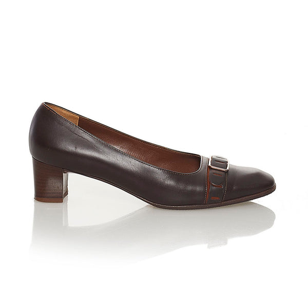 サルヴァトーレフェラガモ スクエアトゥ パンプス ブラウン レザー レディース Salvatore Ferragamo 【中古】