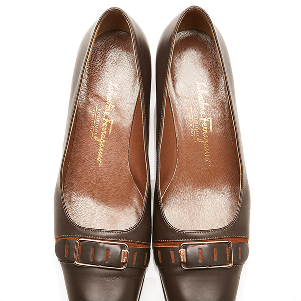 サルヴァトーレフェラガモ スクエアトゥ パンプス ブラウン レザー レディース Salvatore Ferragamo 【中古】