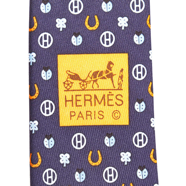 エルメス Hロゴ てんとう虫 総柄 ネクタイ ネイビー シルク メンズ HERMES 【中古】
