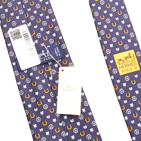 エルメス Hロゴ てんとう虫 総柄 ネクタイ ネイビー シルク メンズ HERMES 【中古】