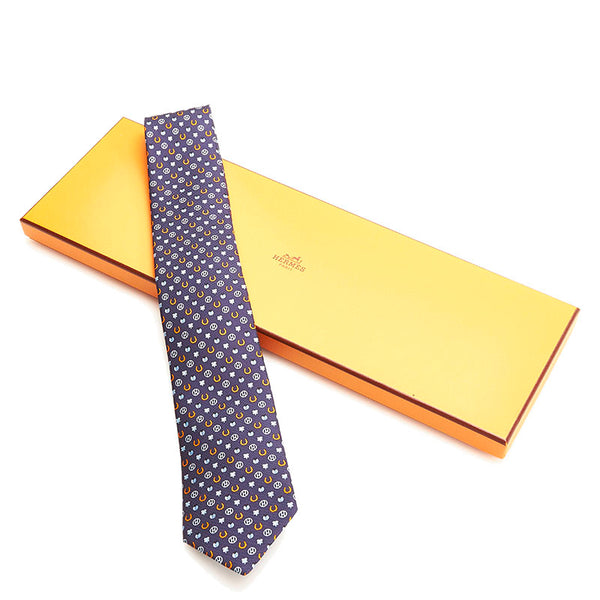 エルメス Hロゴ てんとう虫 総柄 ネクタイ ネイビー シルク メンズ HERMES 【中古】