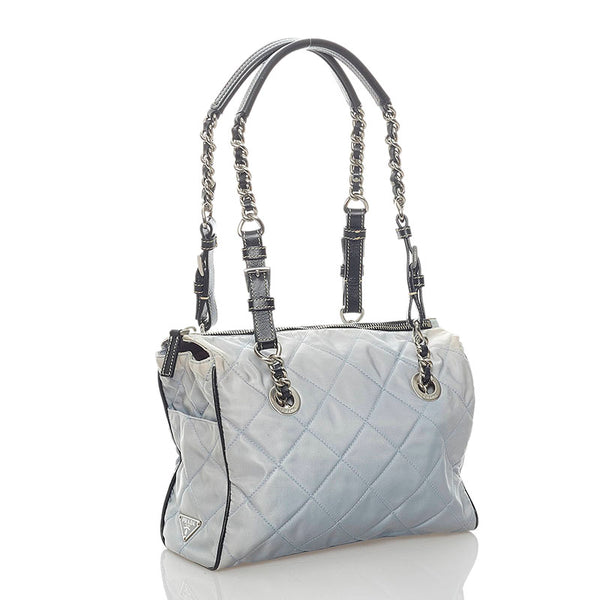 プラダ キルティングショルダー ショルダーバッグ BR2236 ライトブルー ブラック ナイロン レザー レディース PRADA 【中古】