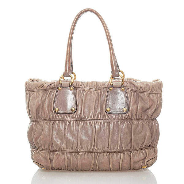 プラダ ギャザー ハンドバッグ グレー レザー レディース PRADA 【中古】
