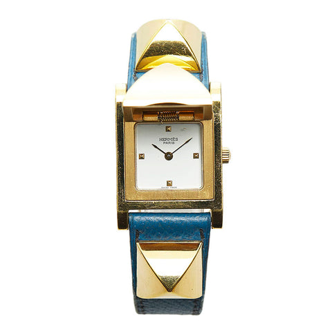 エルメス メドール 腕時計 クオーツ ホワイト文字盤 メッキ レザー レディース HERMES 【中古】