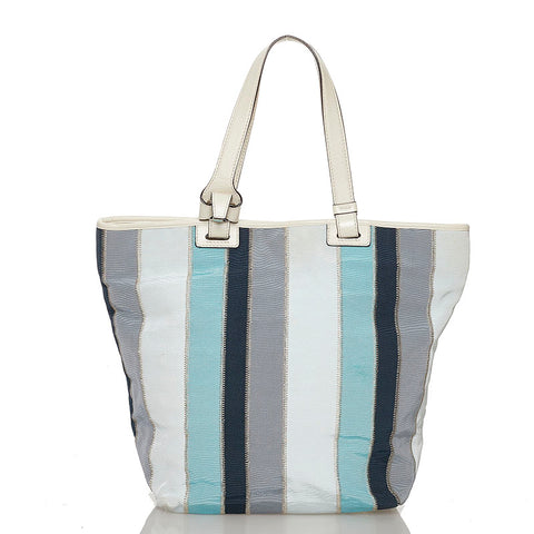 サルヴァトーレフェラガモ ストライプ トートバッグ AU-21 B546 ブルー ライトブルー ホワイト キャンバス レザー レディース Salvatore Ferragamo 【中古】