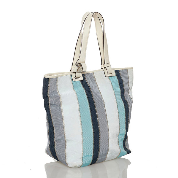 サルヴァトーレフェラガモ ストライプ トートバッグ AU-21 B546 ブルー ライトブルー ホワイト キャンバス レザー レディース Salvatore Ferragamo 【中古】