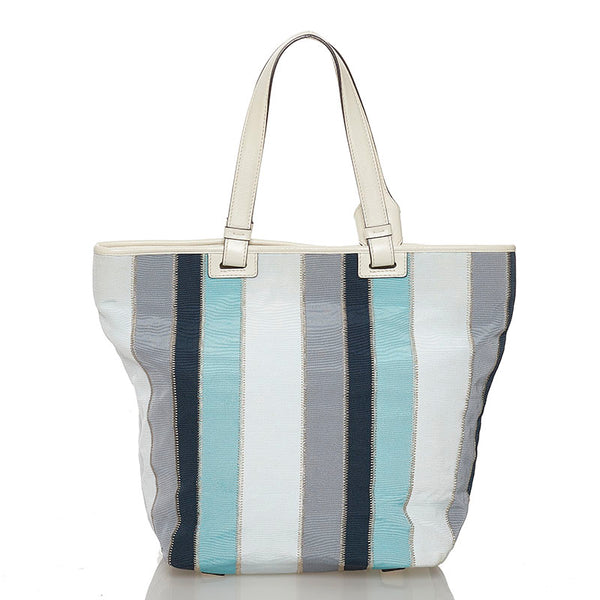 サルヴァトーレフェラガモ ストライプ トートバッグ AU-21 B546 ブルー ライトブルー ホワイト キャンバス レザー レディース Salvatore Ferragamo 【中古】