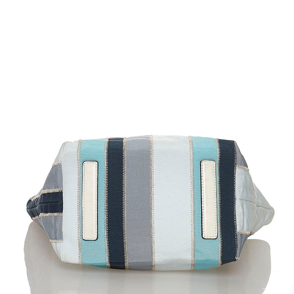 サルヴァトーレフェラガモ ストライプ トートバッグ AU-21 B546 ブルー ライトブルー ホワイト キャンバス レザー レディース Salvatore Ferragamo 【中古】