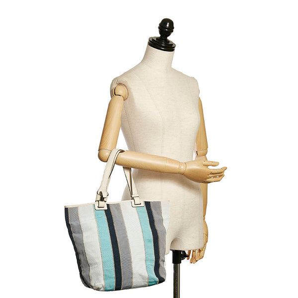 サルヴァトーレフェラガモ ストライプ トートバッグ AU-21 B546 ブルー ライトブルー ホワイト キャンバス レザー レディース Salvatore Ferragamo 【中古】