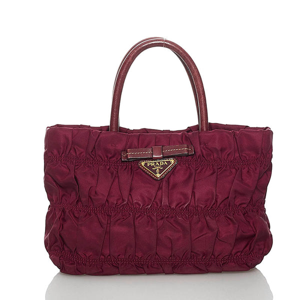 プラダ ギャザー リボン ハンドバッグ ボルドー ナイロン レディース PRADA 【中古】