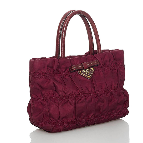 プラダ ギャザー リボン ハンドバッグ ボルドー ナイロン レディース PRADA 【中古】