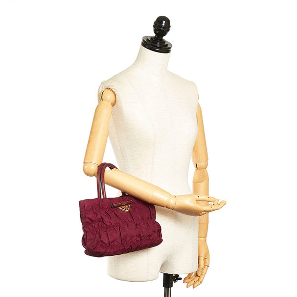 プラダ ギャザー リボン ハンドバッグ ボルドー ナイロン レディース PRADA 【中古】