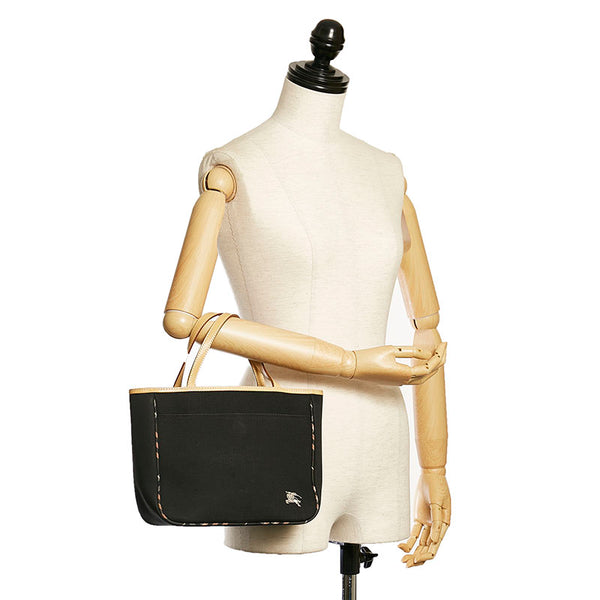 バーバリー ノバチェック ポーチ付き ハンドバッグ ブラック ベージュ キャンバス レザー レディース BURBERRY 【中古】