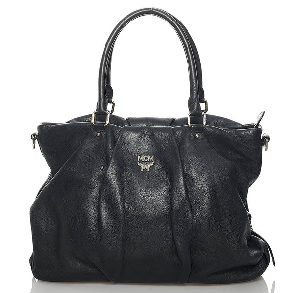 エム シー エム ロゴグラム 型押し トートバッグ ブラック レザー レディース MCM 【中古】