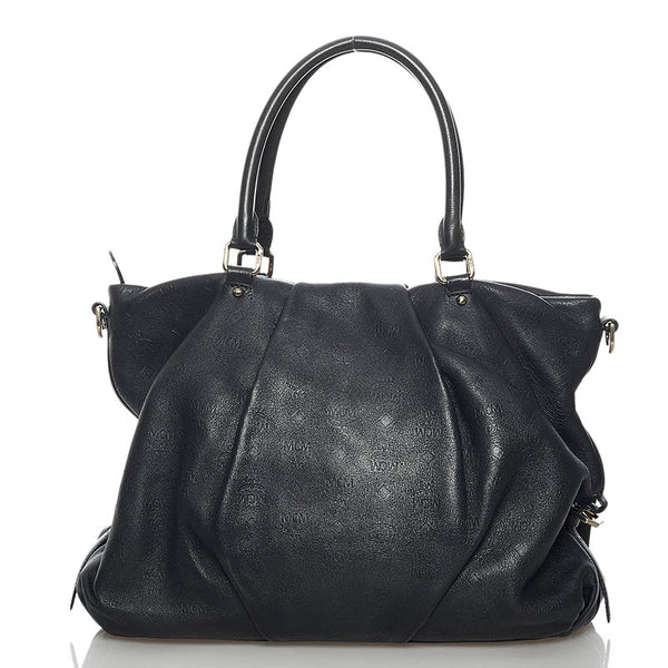 エム シー エム ロゴグラム 型押し トートバッグ ブラック レザー レディース MCM 【中古】