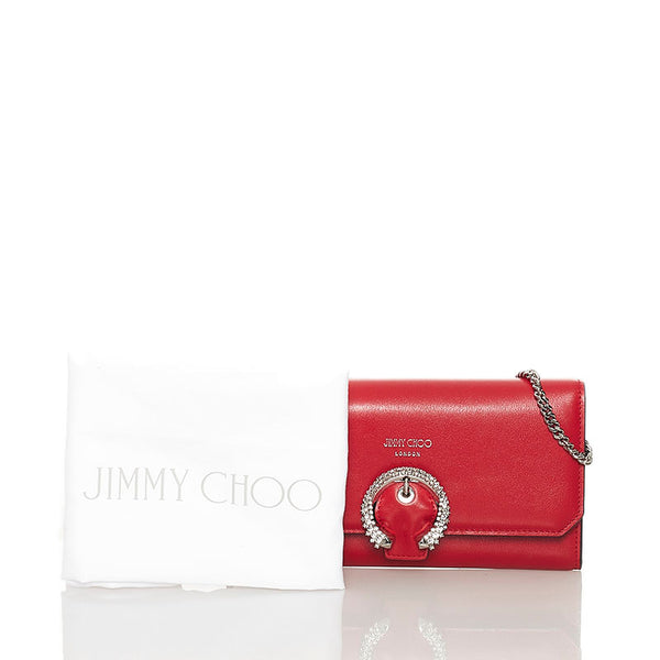 ジミーチュウ クリスタルバックル チェーン ショルダーウォレット レッド シルバー レザー レディース JIMMY CHOO 【中古】