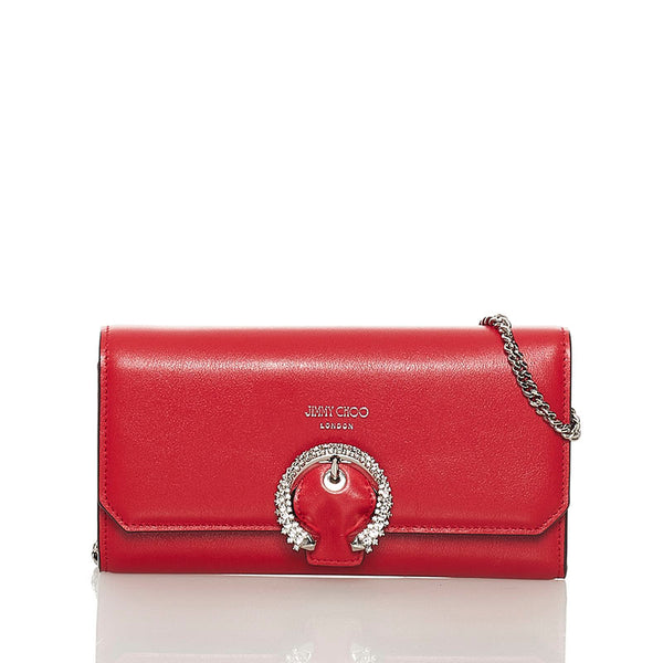 ジミーチュウ クリスタルバックル チェーン ショルダーウォレット レッド シルバー レザー レディース JIMMY CHOO 【中古】