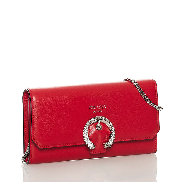 ジミーチュウ クリスタルバックル チェーン ショルダーウォレット レッド シルバー レザー レディース JIMMY CHOO 【中古】