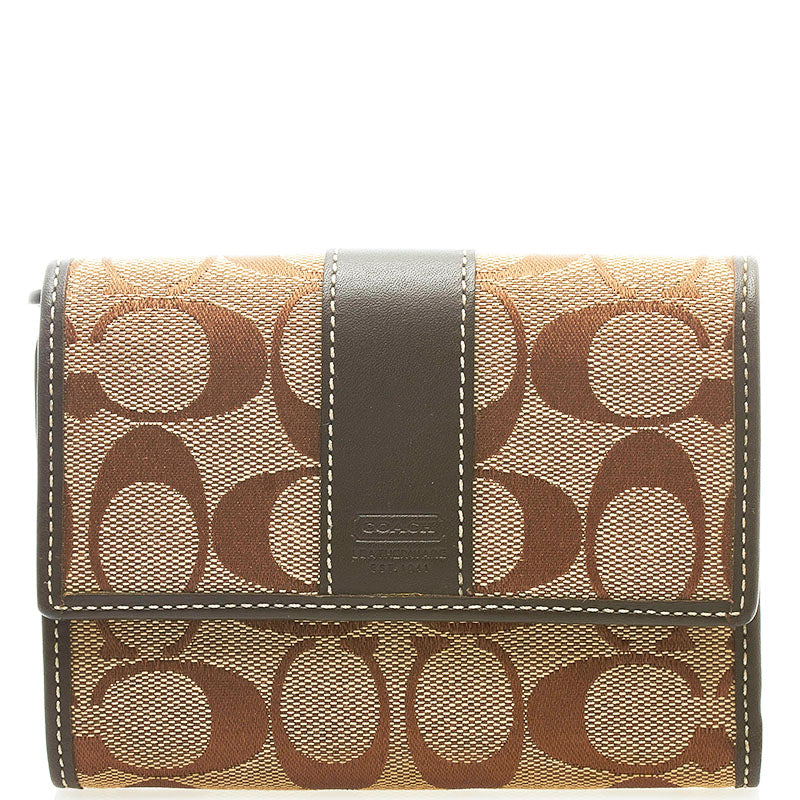 コーチ シグネチャー 三つ折り財布 コンパクトウォレット  ブラウン キャンバス レザー レディース COACH 【中古】