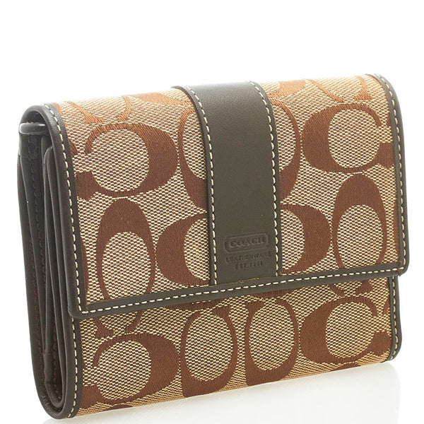 コーチ シグネチャー 三つ折り財布 コンパクトウォレット  ブラウン キャンバス レザー レディース COACH 【中古】