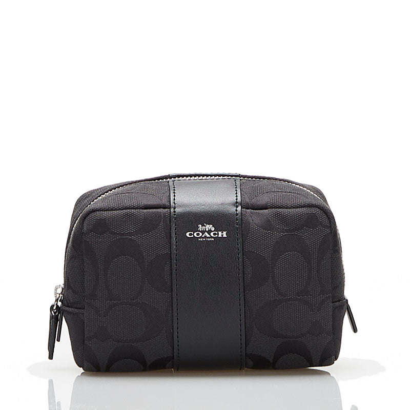 コーチ シグネチャー ポーチ ブラック キャンバス レザー レディース COACH 【中古】