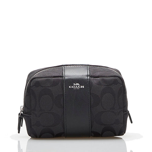 コーチ シグネチャー ポーチ ブラック キャンバス レザー レディース COACH 【中古】