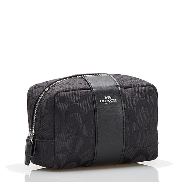 コーチ シグネチャー ポーチ ブラック キャンバス レザー レディース COACH 【中古】