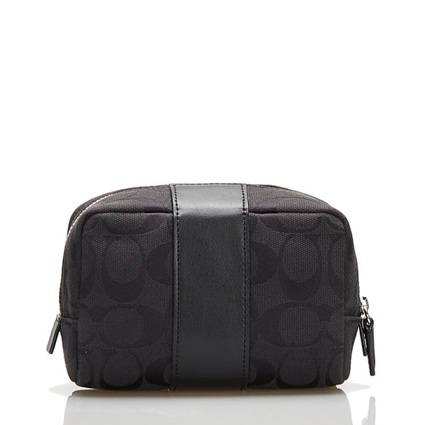 コーチ シグネチャー ポーチ ブラック キャンバス レザー レディース COACH 【中古】