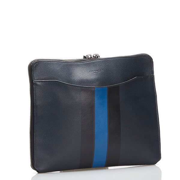 コーチ ストライプ クラッチバッグ セカンドバッグ  F66312 ネイビー ブルー レザー メンズ COACH 【中古】