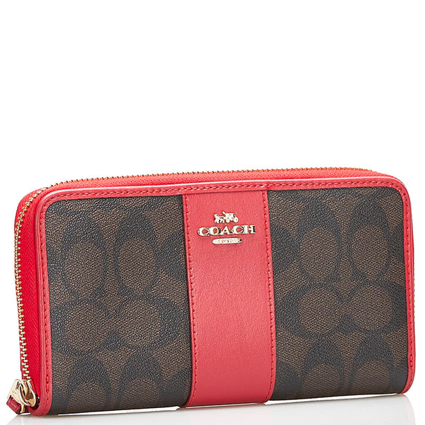 コーチ シグネチャー ラウンドファスナー 長財布 54630 ブラウン レッド PVC レザー レディース COACH 【中古】