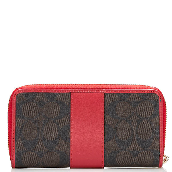 コーチ シグネチャー ラウンドファスナー 長財布 54630 ブラウン レッド PVC レザー レディース COACH 【中古】