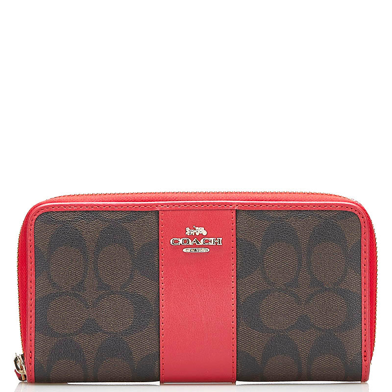 コーチ シグネチャー ラウンドファスナー 長財布 54630 ブラウン レッド PVC レザー レディース COACH 【中古】
