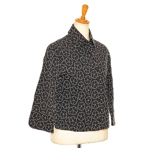 シャネル カメリア エンブロイダリー 総柄 7分丈 長袖シャツ ブラック コットン ナイロン スパンデックス レディース CHANEL 【中古】