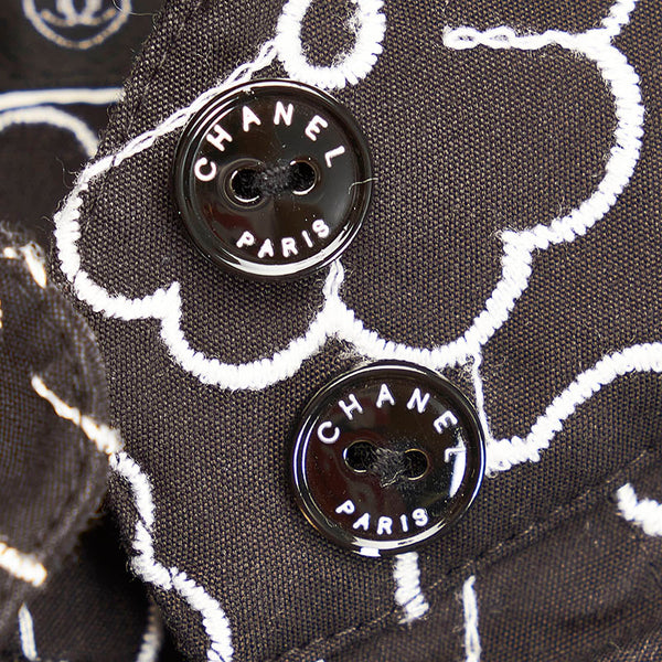 シャネル カメリア エンブロイダリー 総柄 7分丈 長袖シャツ ブラック コットン ナイロン スパンデックス レディース CHANEL 【中古】