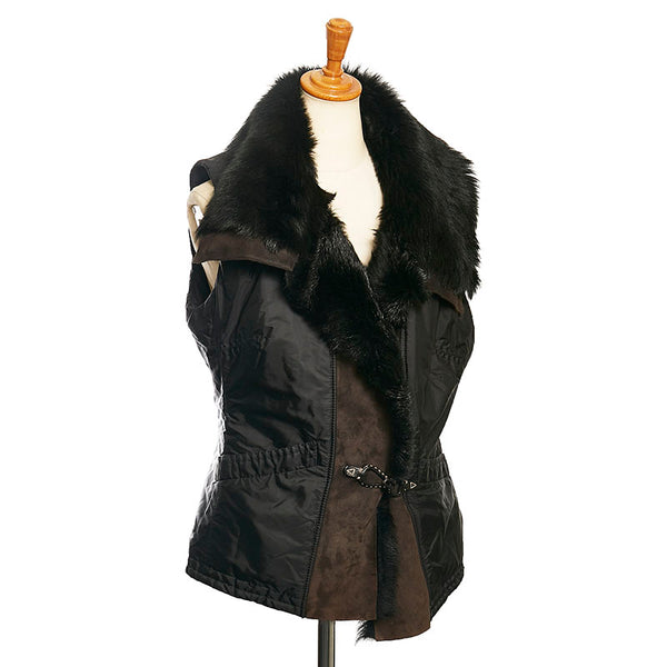 エルマンノ シェルヴィーノ ファー襟 アウター ベスト ブラック ブラウン ナイロン スウェード レディース ERMANNO SCERVINO 【中古】
