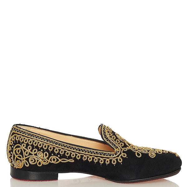 クリスチャンルブタン 刺繍 パンプス フラットシューズ ブラック スウェード レディース Christian Louboutin 【中古】