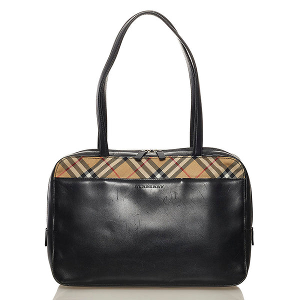 バーバリー ノバチェック ショルダーバッグ トートバッグ ブラック ベージュ レザー レディース BURBERRY 【中古】