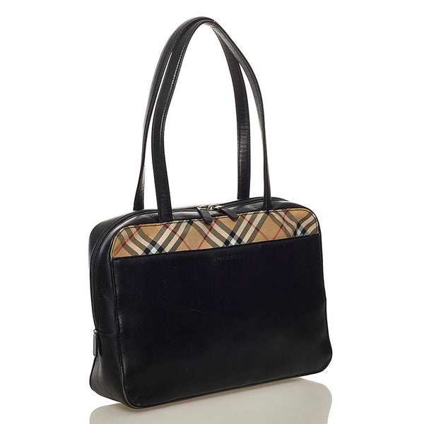 バーバリー ノバチェック ショルダーバッグ トートバッグ ブラック ベージュ レザー レディース BURBERRY 【中古】