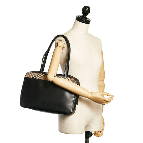 バーバリー ノバチェック ショルダーバッグ トートバッグ ブラック ベージュ レザー レディース BURBERRY 【中古】