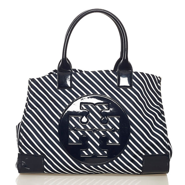 トリーバーチ ストライプ トートバッグ ネイビー ナイロン エナメル レディース Tory Burch 【中古】