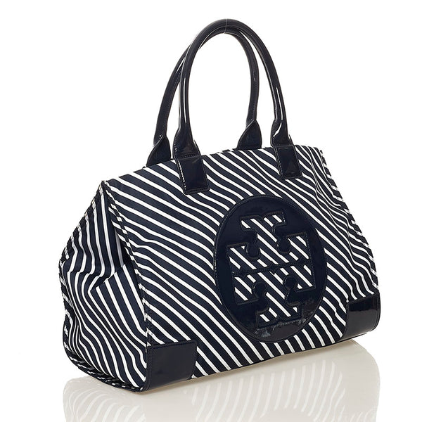 トリーバーチ ストライプ トートバッグ ネイビー ナイロン エナメル レディース Tory Burch 【中古】
