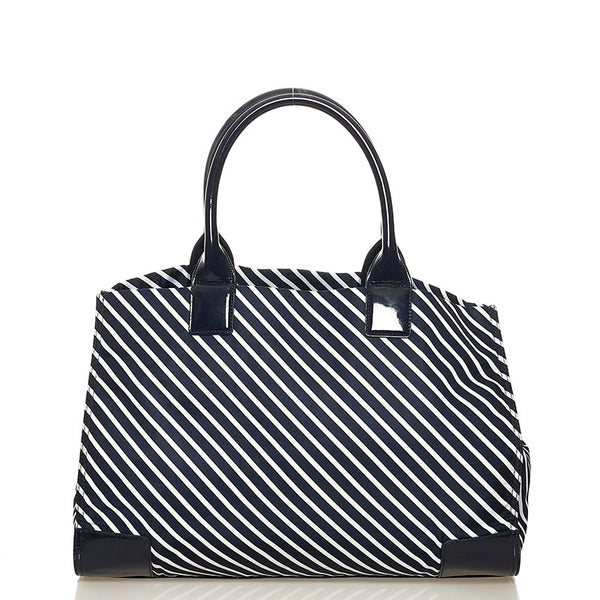 トリーバーチ ストライプ トートバッグ ネイビー ナイロン エナメル レディース Tory Burch 【中古】